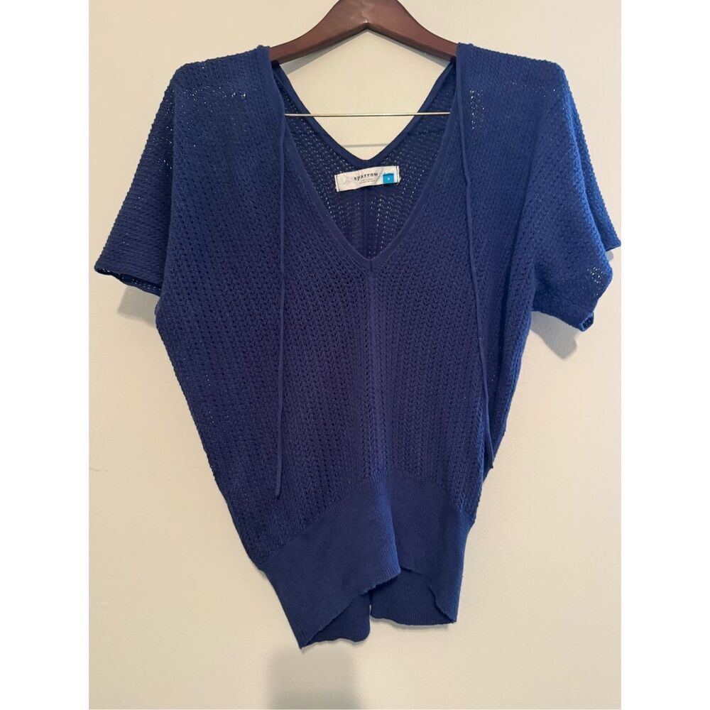 sparrow Navy Blue Open-Knit V-Neck Short Sleeve Sweater